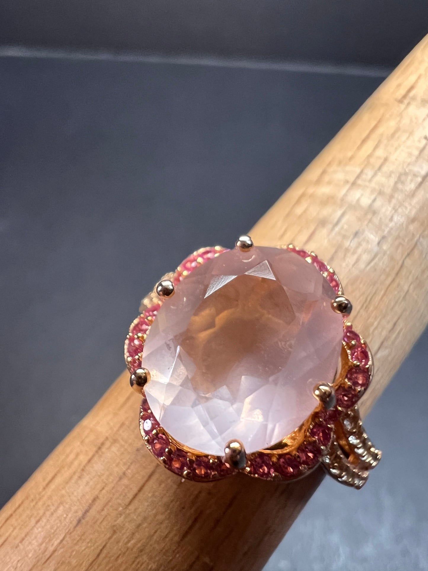NEW Rose Quartz and lab pink sapphire rose gold over sterling silver ring size 8