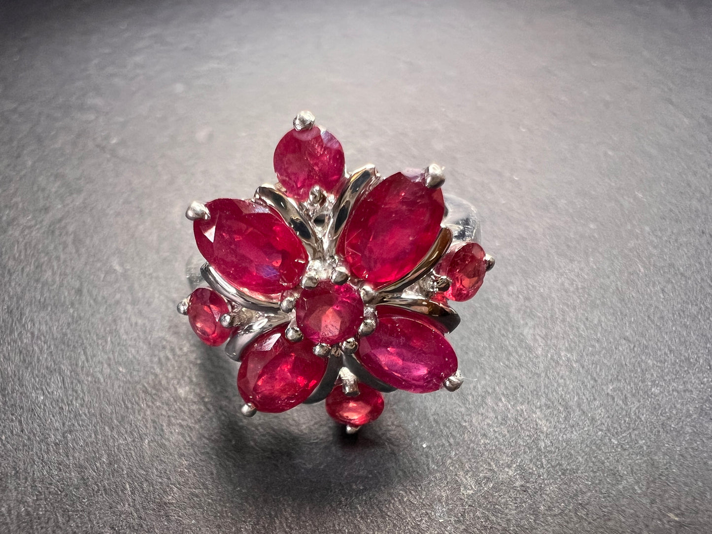 Vintage ruby flower cluster sterling silver ring size 7