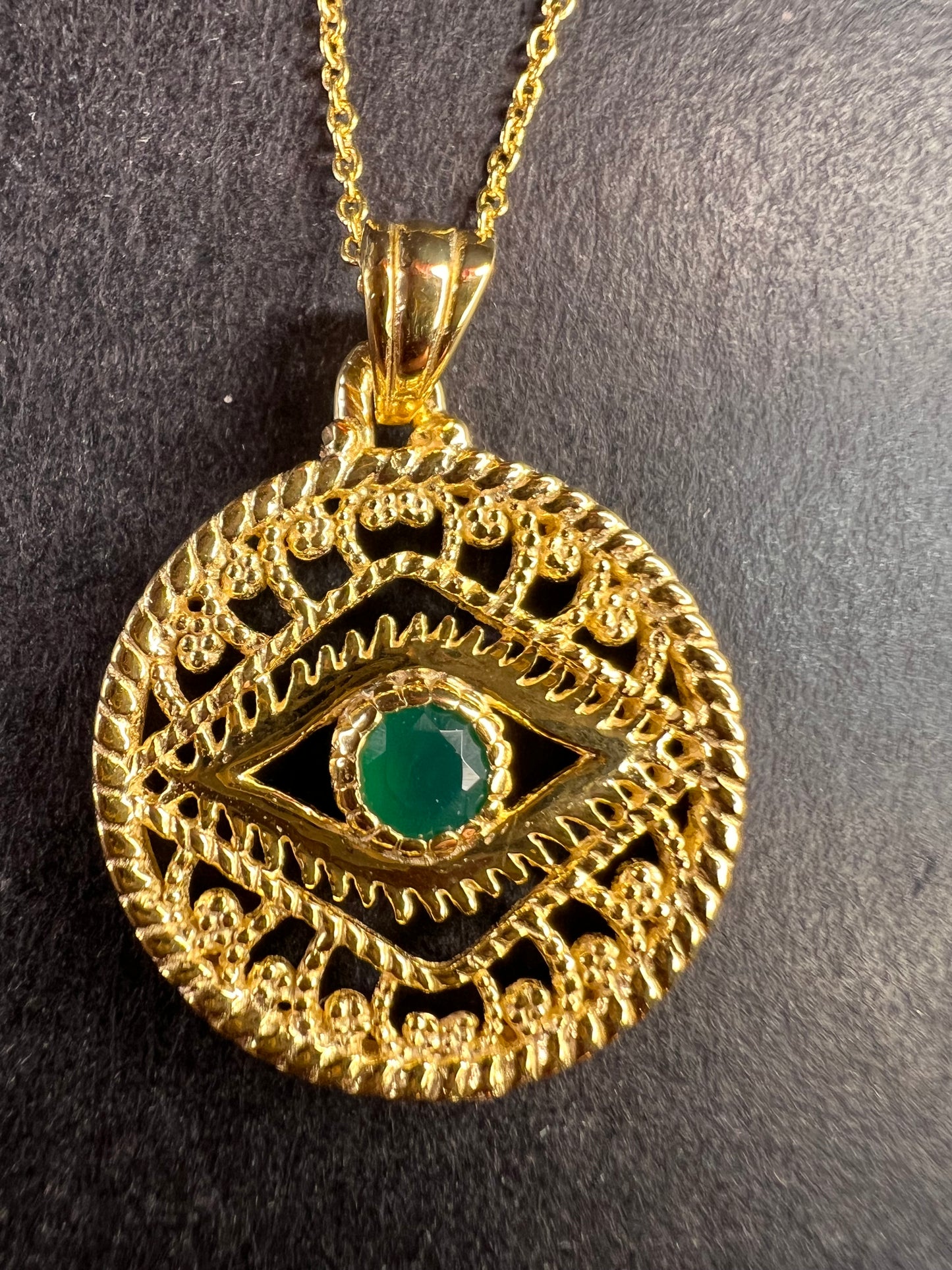 NEW Green onyx evil eye pendant and chain in gold over sterling silver