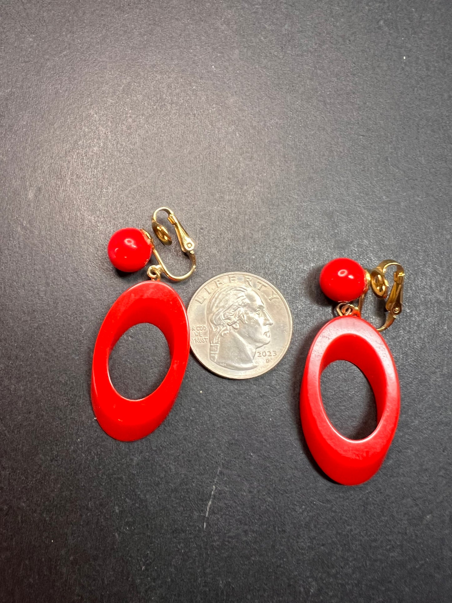 Vintage Trifari red lucite hoop clip on earrings