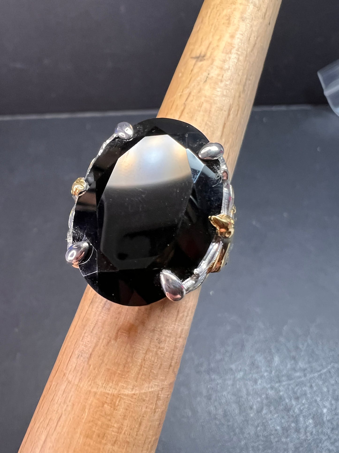 NEW Black spinel Phoenix ring in rhodium and gold vermeil over sterling silver size 7
