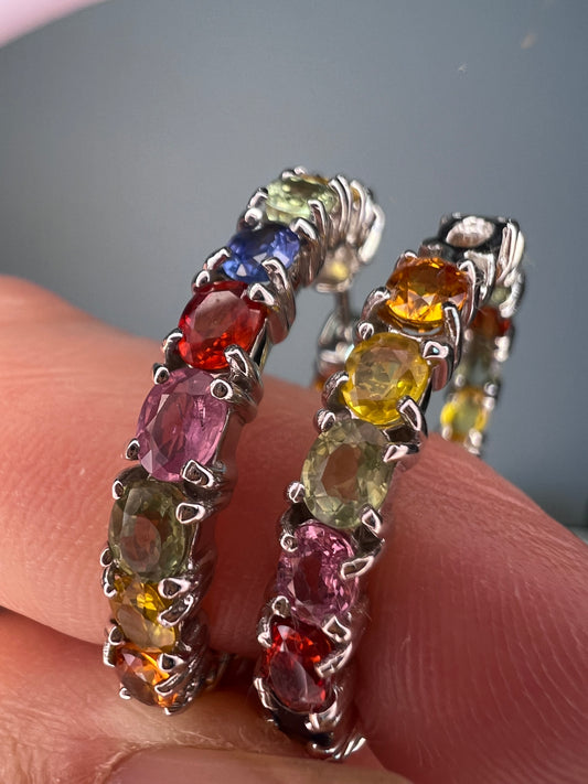 Multi colored sapphire hoop earrings