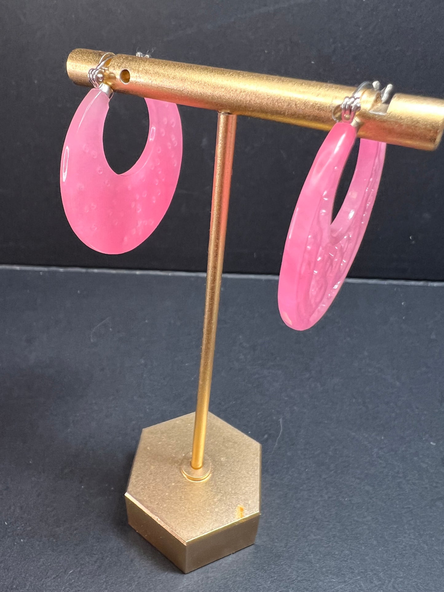 NEW pink jade carved dragon hoop earrings with sterling silver closures