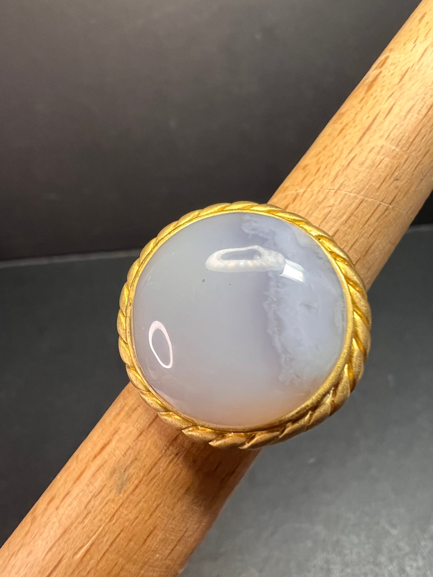 Glow By Sheila Fajl Signed Blue Agate Ring brushed 18kt Plated size 7