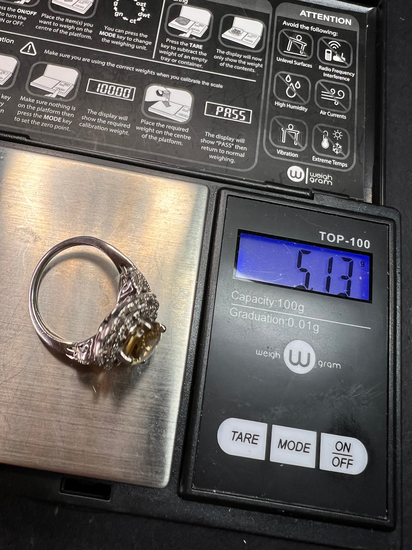 Citrine & Diamond Sterling Silver Scalloped Halo Ring Size 9