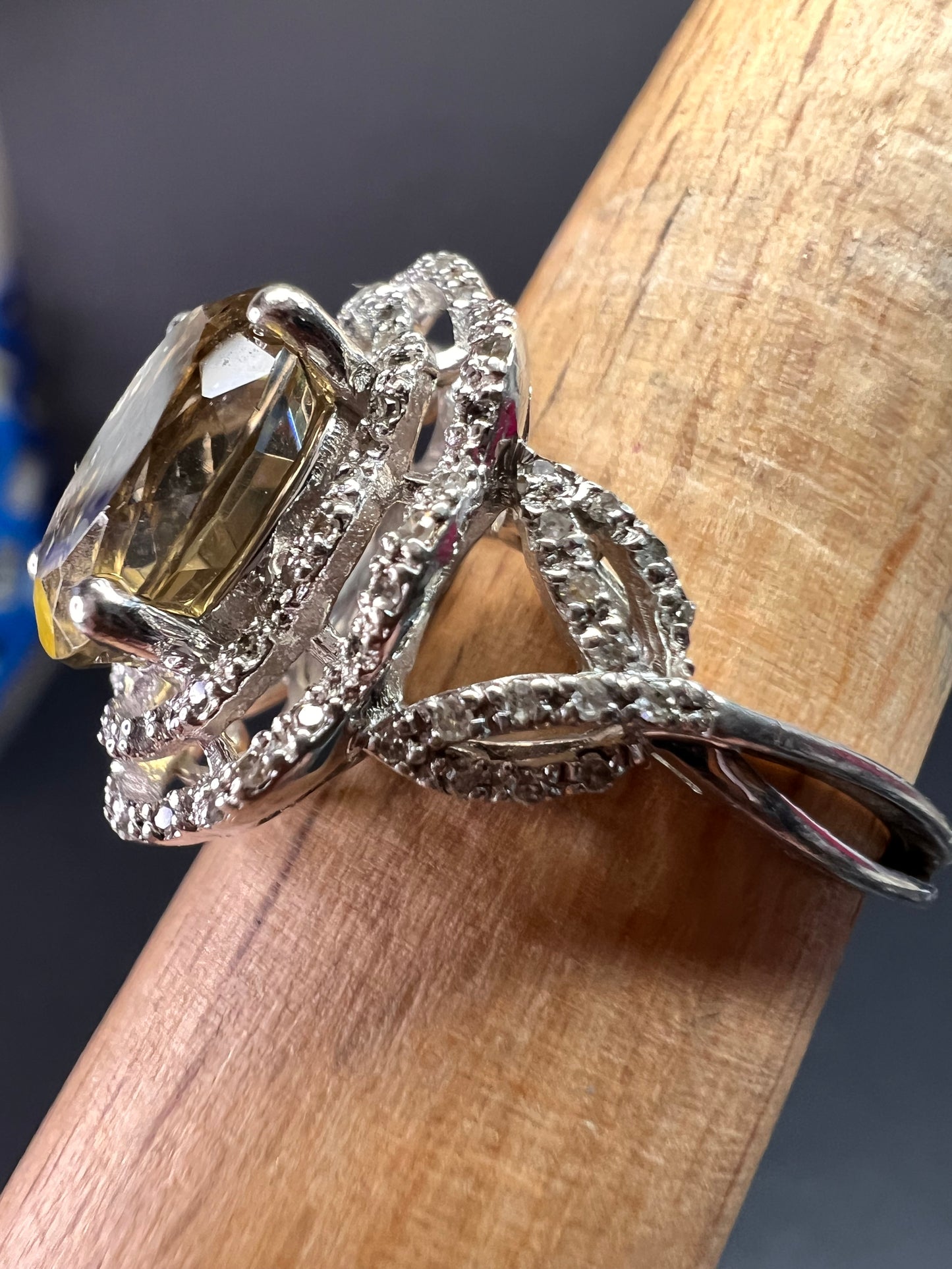 Citrine & Diamond Sterling Silver Scalloped Halo Ring Size 9