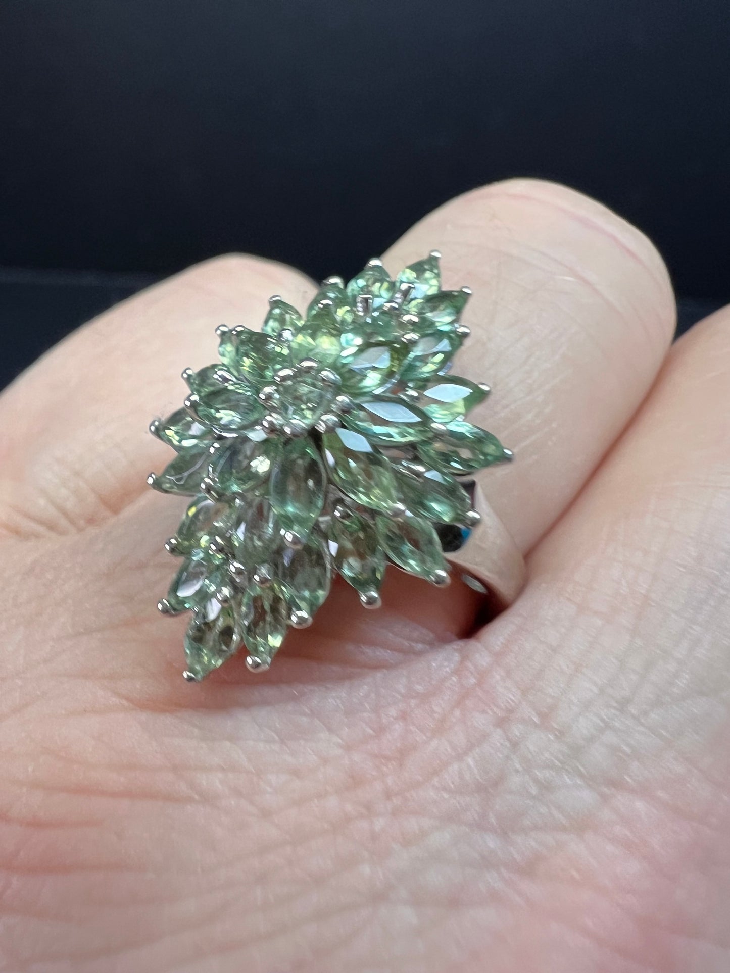 NEW Green apatite floral spray ring in rhodium over sterling silver size 7