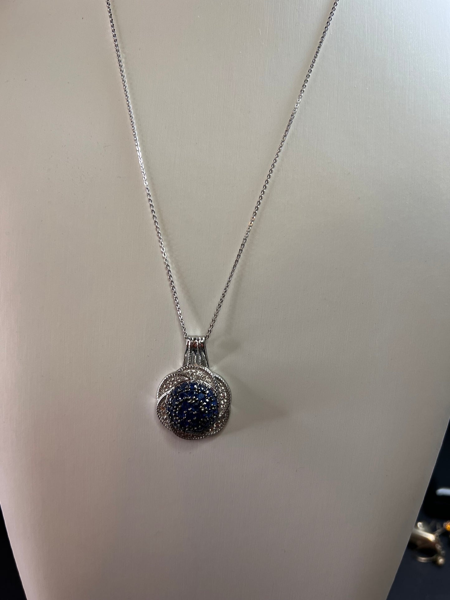 NEW blue sapphire and zircon galaxy halo pendant and chain in rhodium over sterling silver