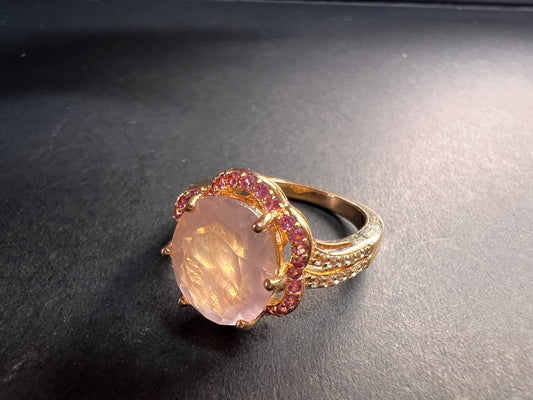 NEW Rose Quartz and lab pink sapphire rose gold over sterling silver ring size 8