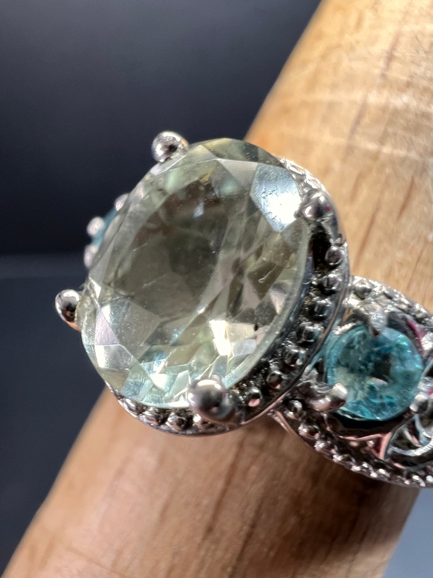 Prasiolite and apatite ring in platinum over copper size 8