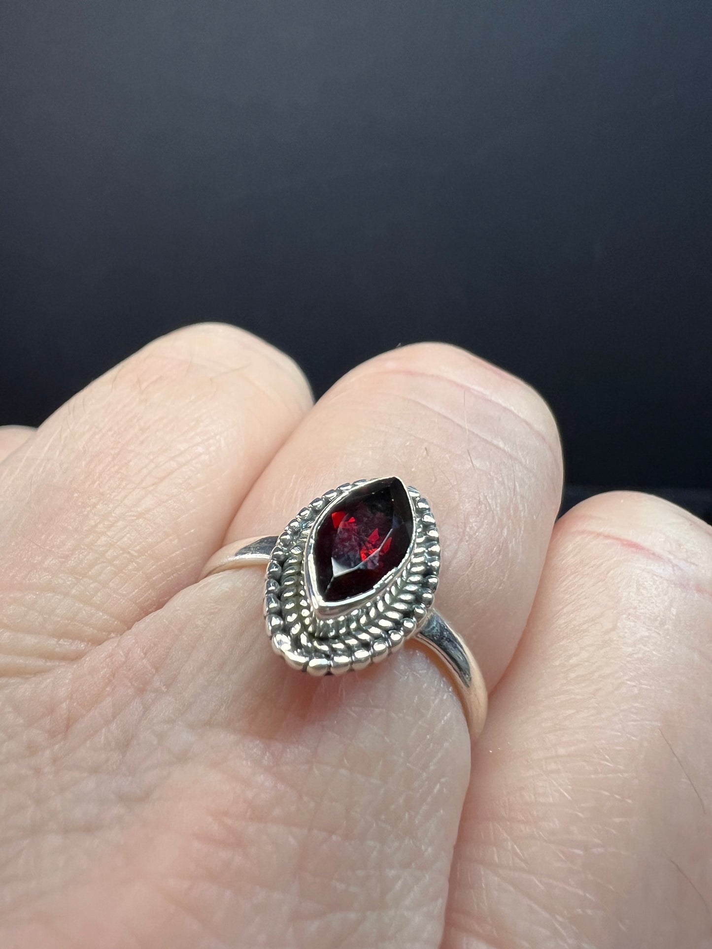 Red garnet marquise gemstone sterling silver ring size 8