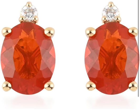 AAA Fire opal white diamond oval cut 18k yellow gold stud earrings
