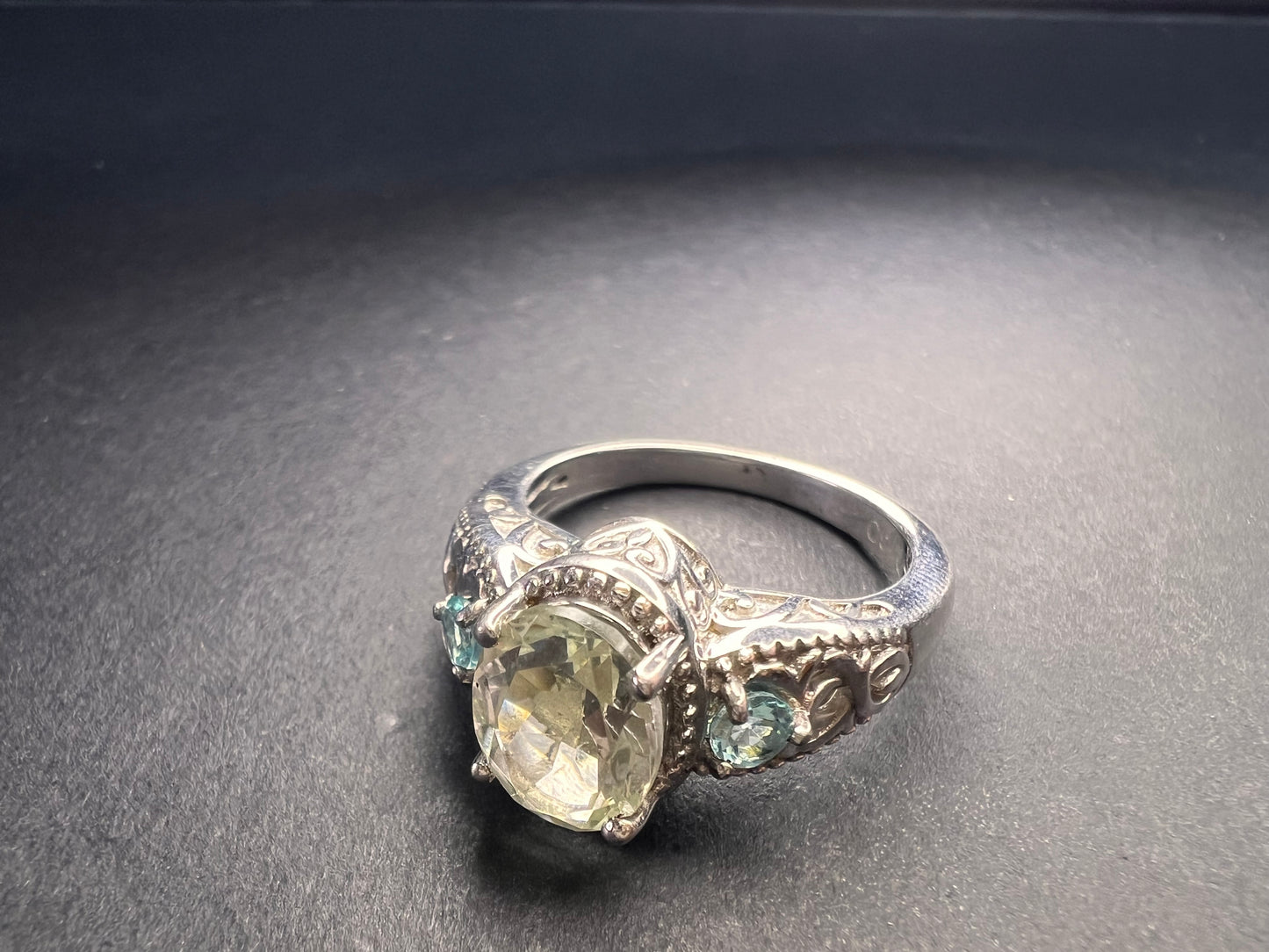 Prasiolite and apatite ring in platinum over copper size 8