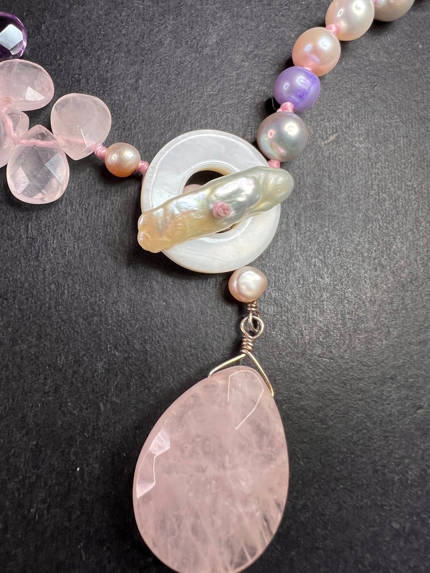 NEW multi color freshwater pearl, rose quartz and amethyst necklace