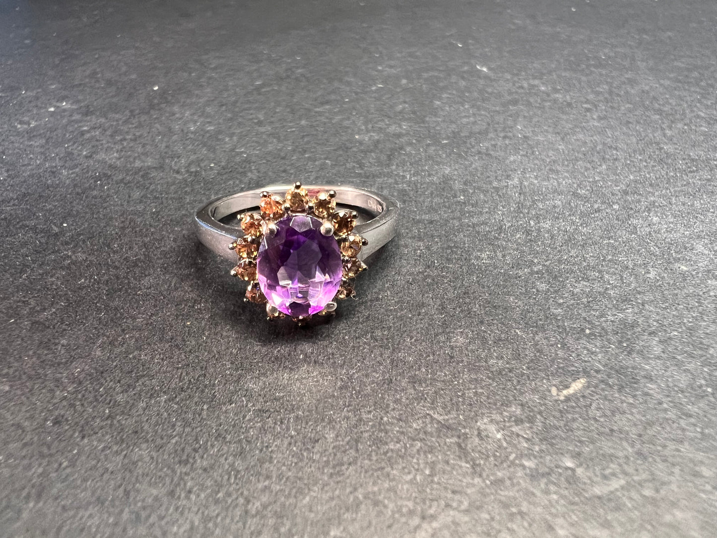 NEW Rose de France and brown zircon halo ring in platinum over sterling silver size 8