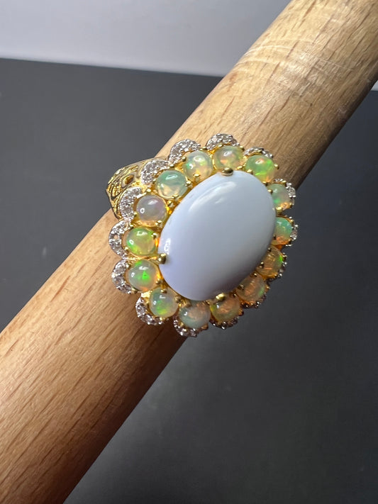 Ethiopian and blue opal halo cocktail ring in 18k gold over sterling silver size 9