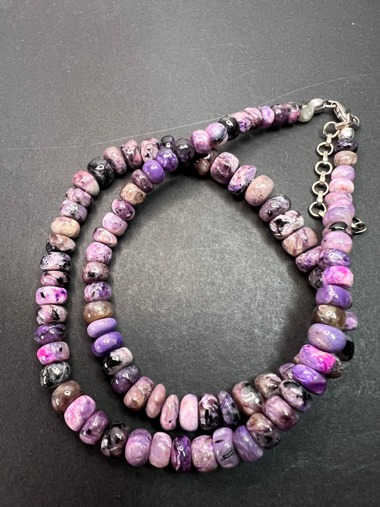 NEW Charoite rondelle beaded 18 inch necklace with 925 clasp