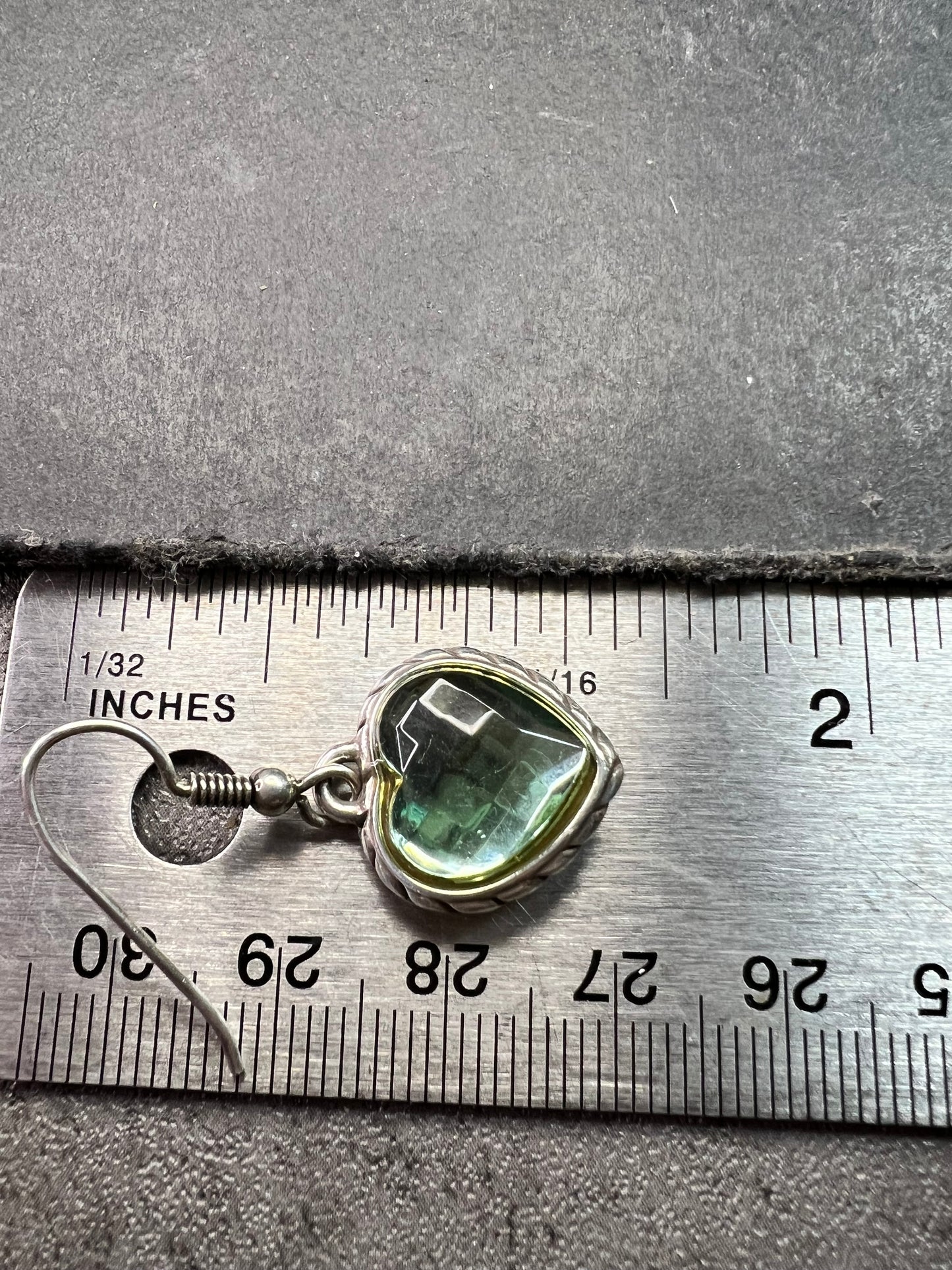 Vintage 90s Sterling Silver Green Glass Heart Earrings Gold Accent 925 Dangle