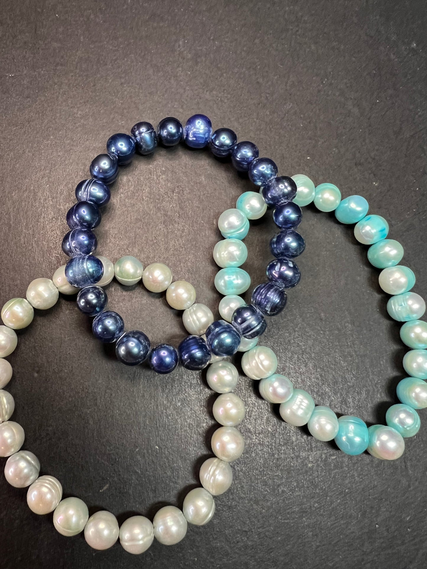 Set of three freshwater pearl shades of blue stretch bracelets