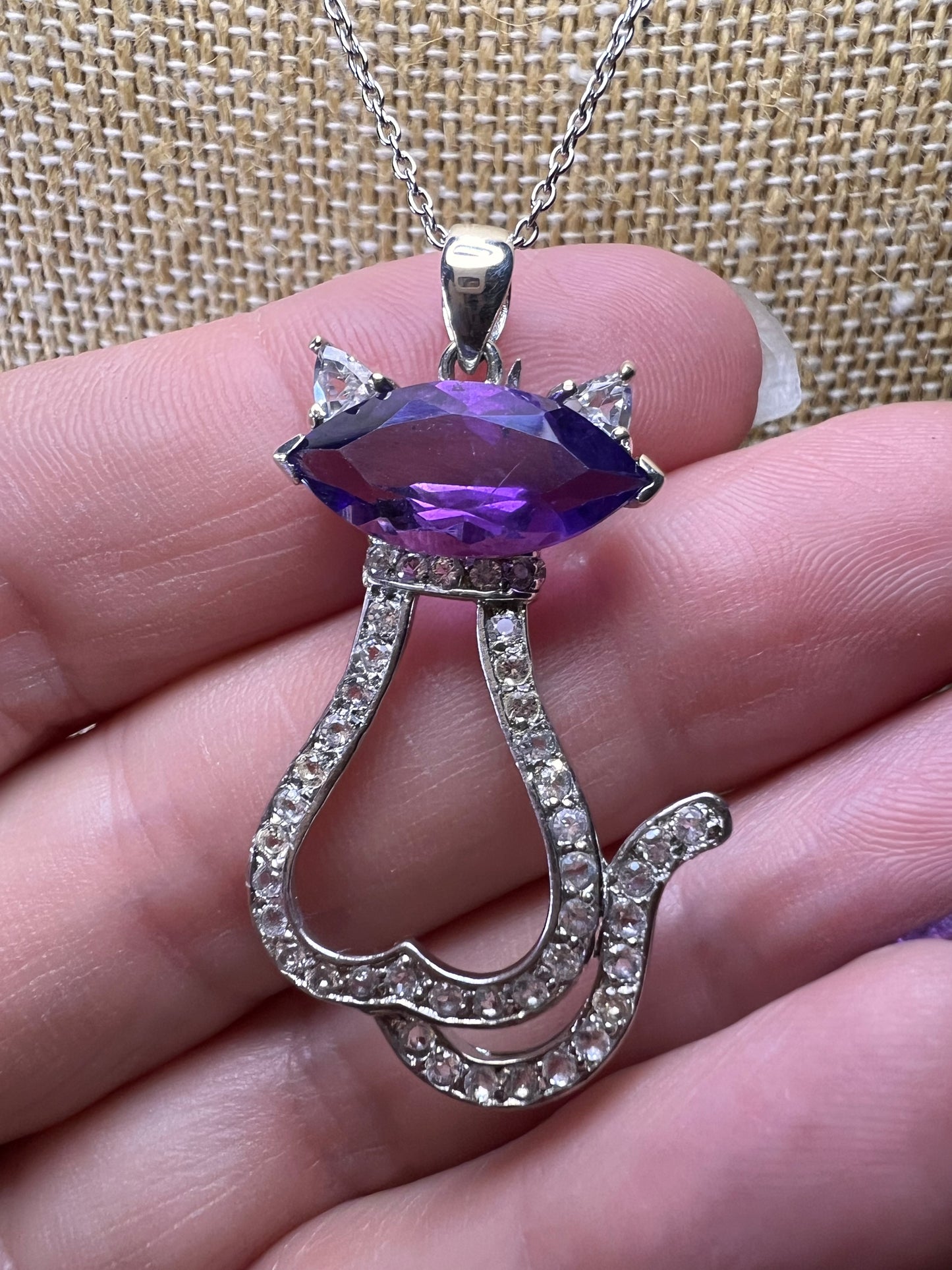 Purple Amethyst white topaz Rhodium Over Silver Cat Pendant Chain