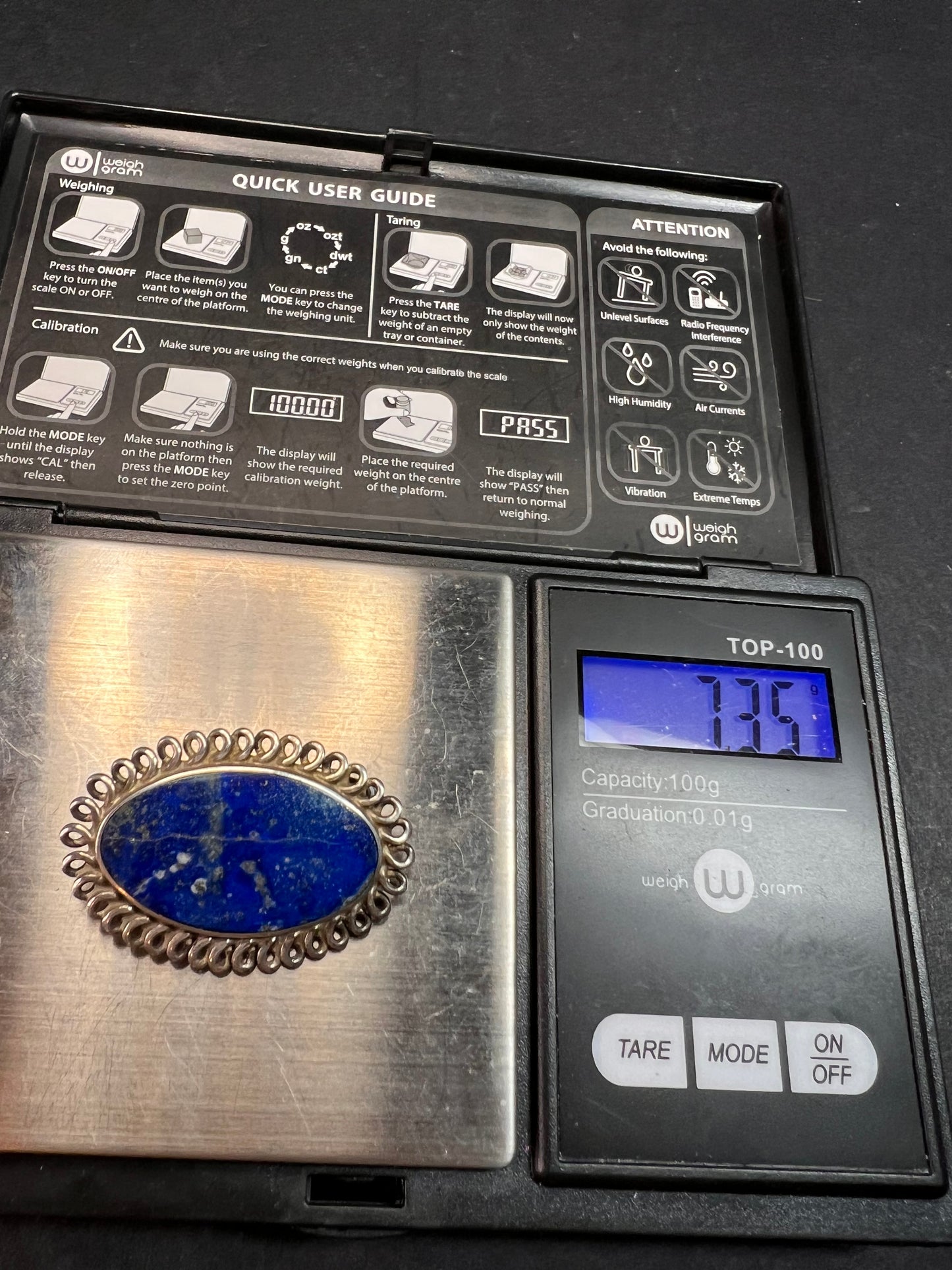 Vintage 950 silver lapis lazuli brooch pin