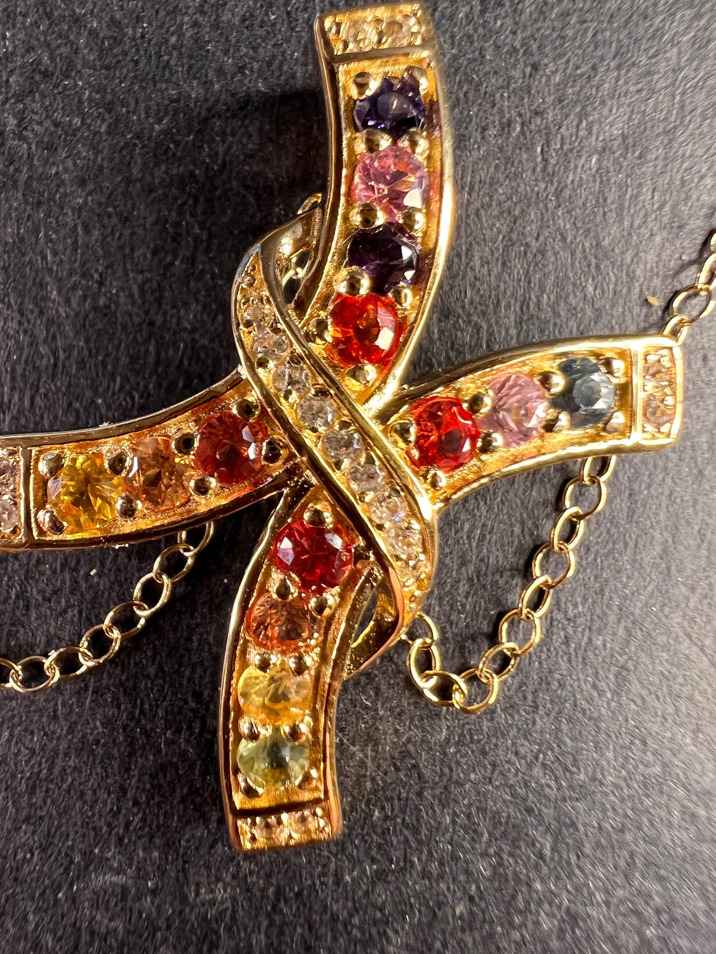 NEW Rainbow sapphire curved cross pendant and chain in gold vermeil over sterling silver