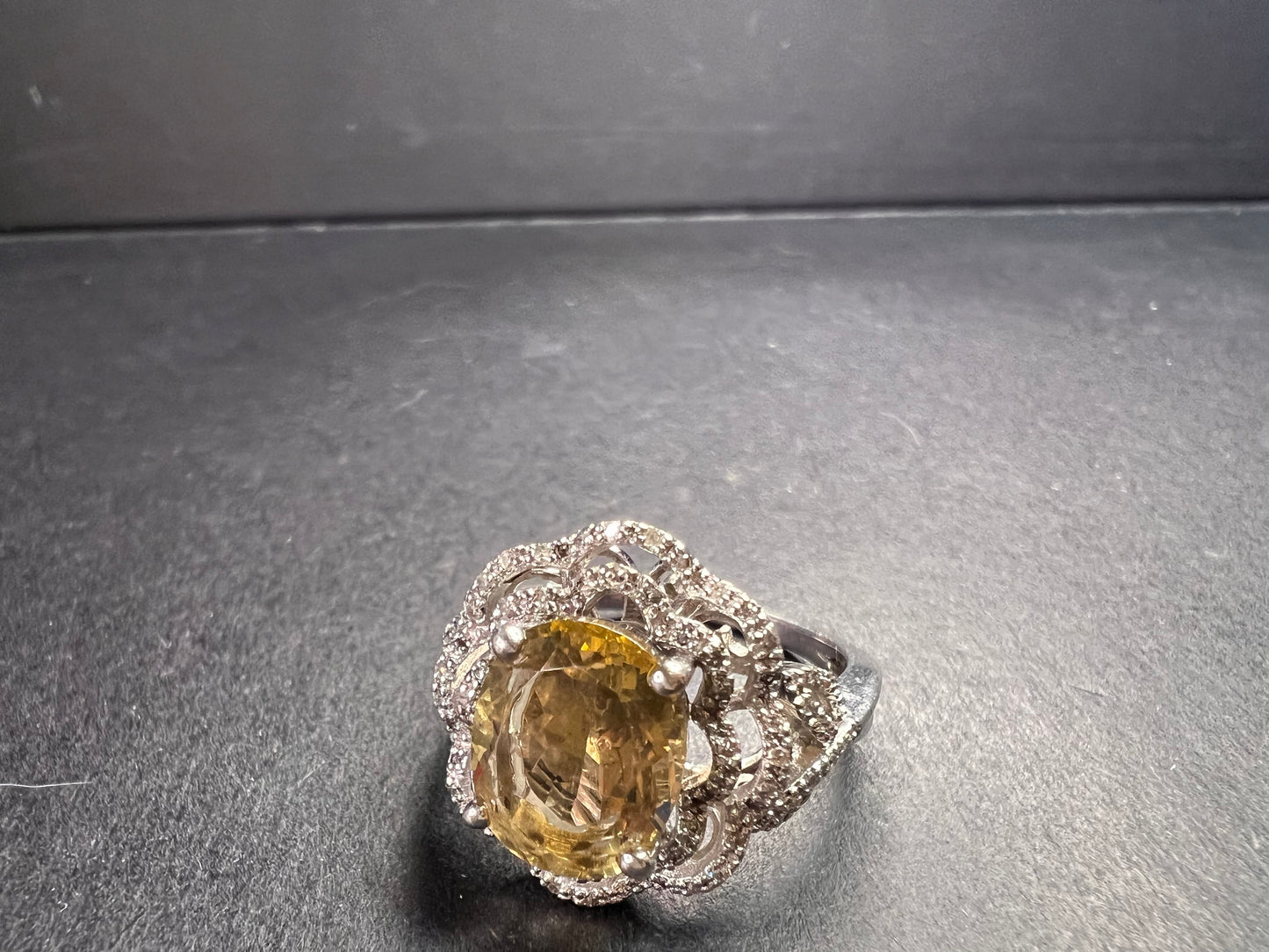 Citrine & Diamond Sterling Silver Scalloped Halo Ring Size 9