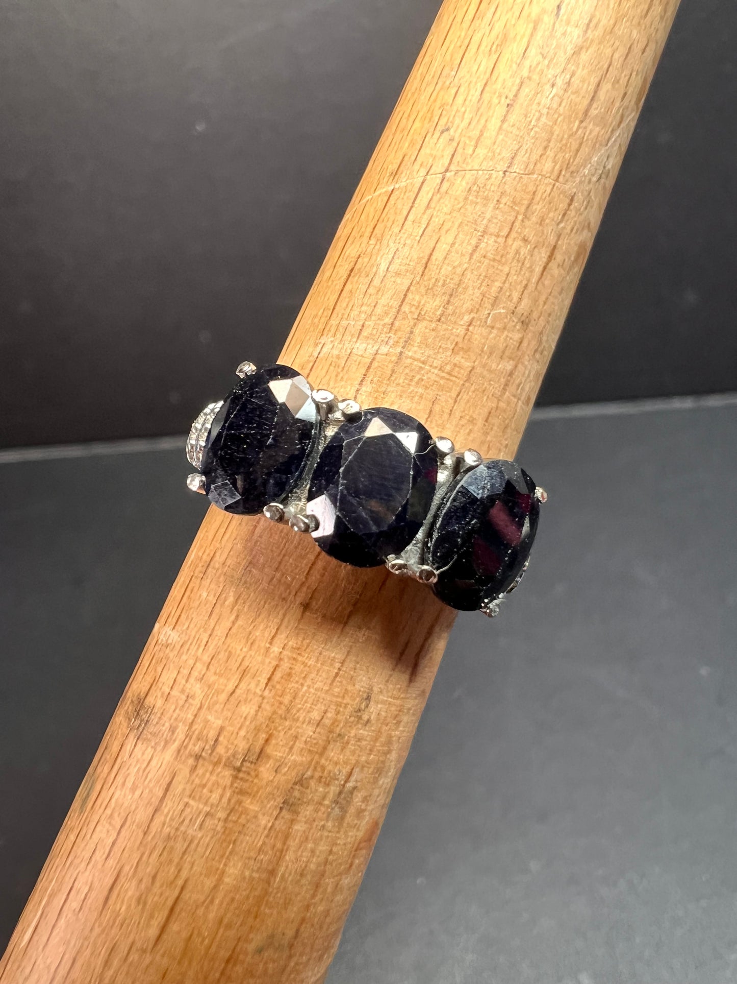 NEW midnight sapphire three stone ring in stainless steel size 7