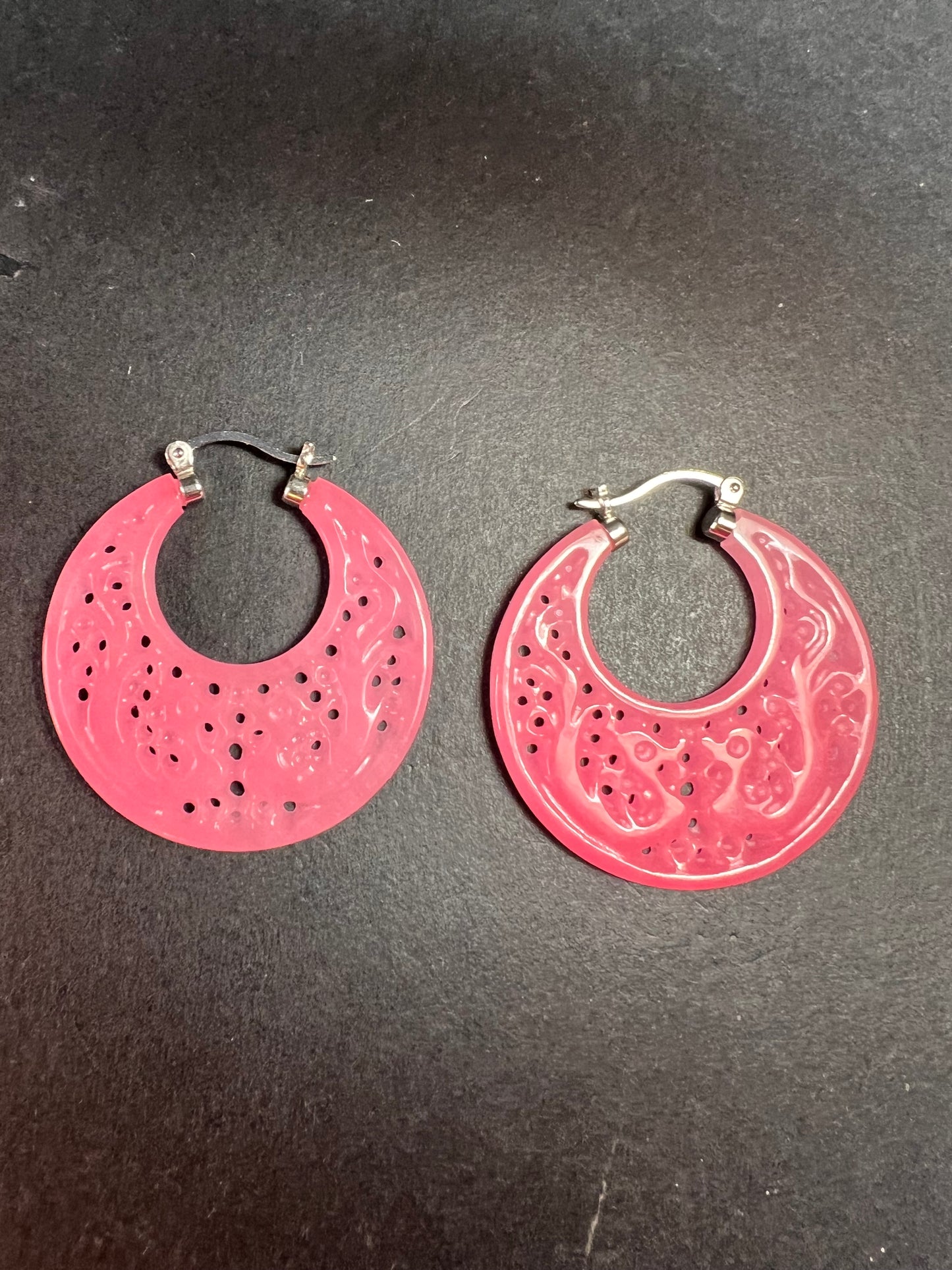 NEW pink jade carved dragon hoop earrings with sterling silver closures