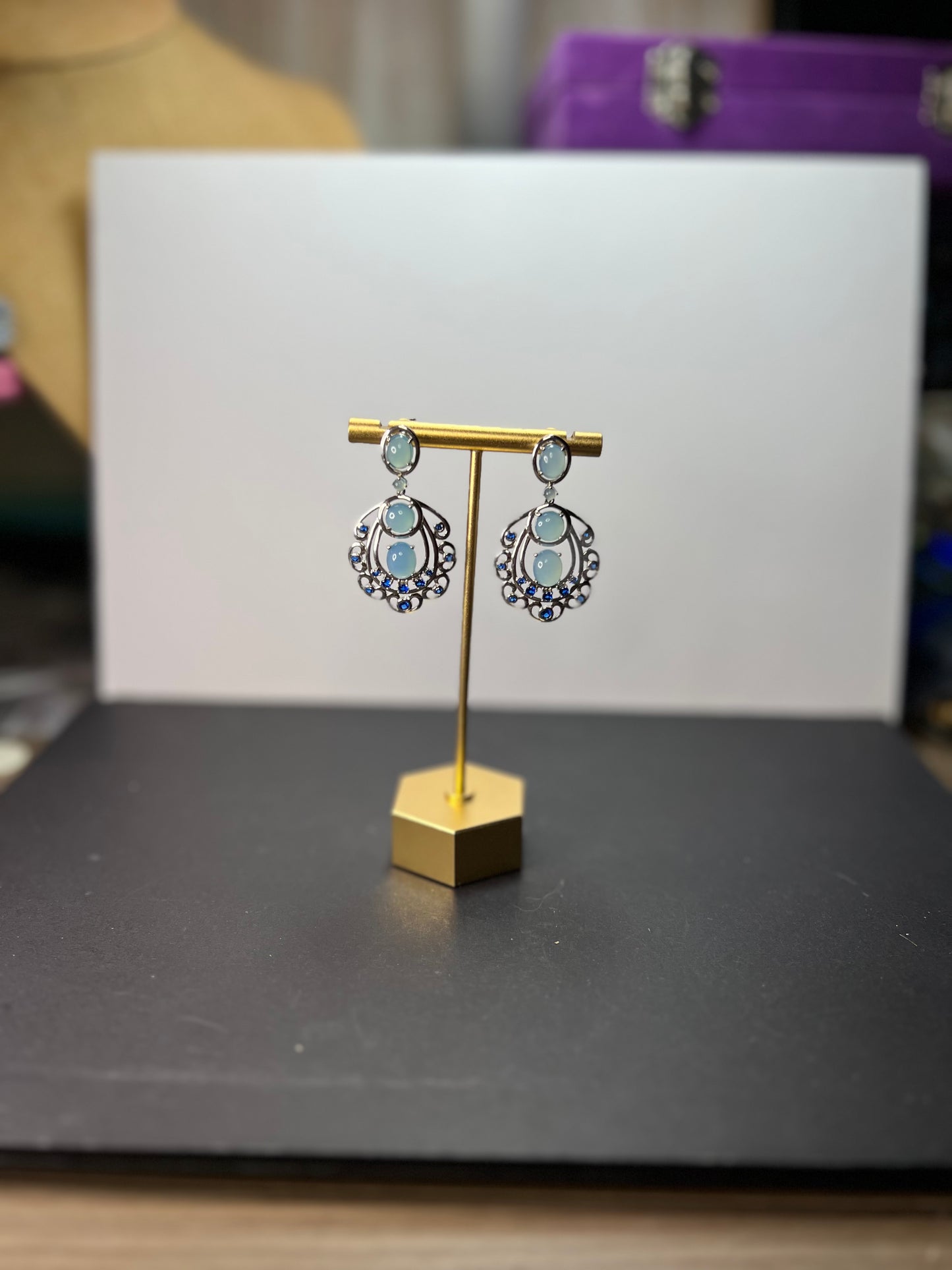 LAB BLUE SPINEL AND BLUE CHALCEDONY RHODIUM OVER SILVER EARRINGS