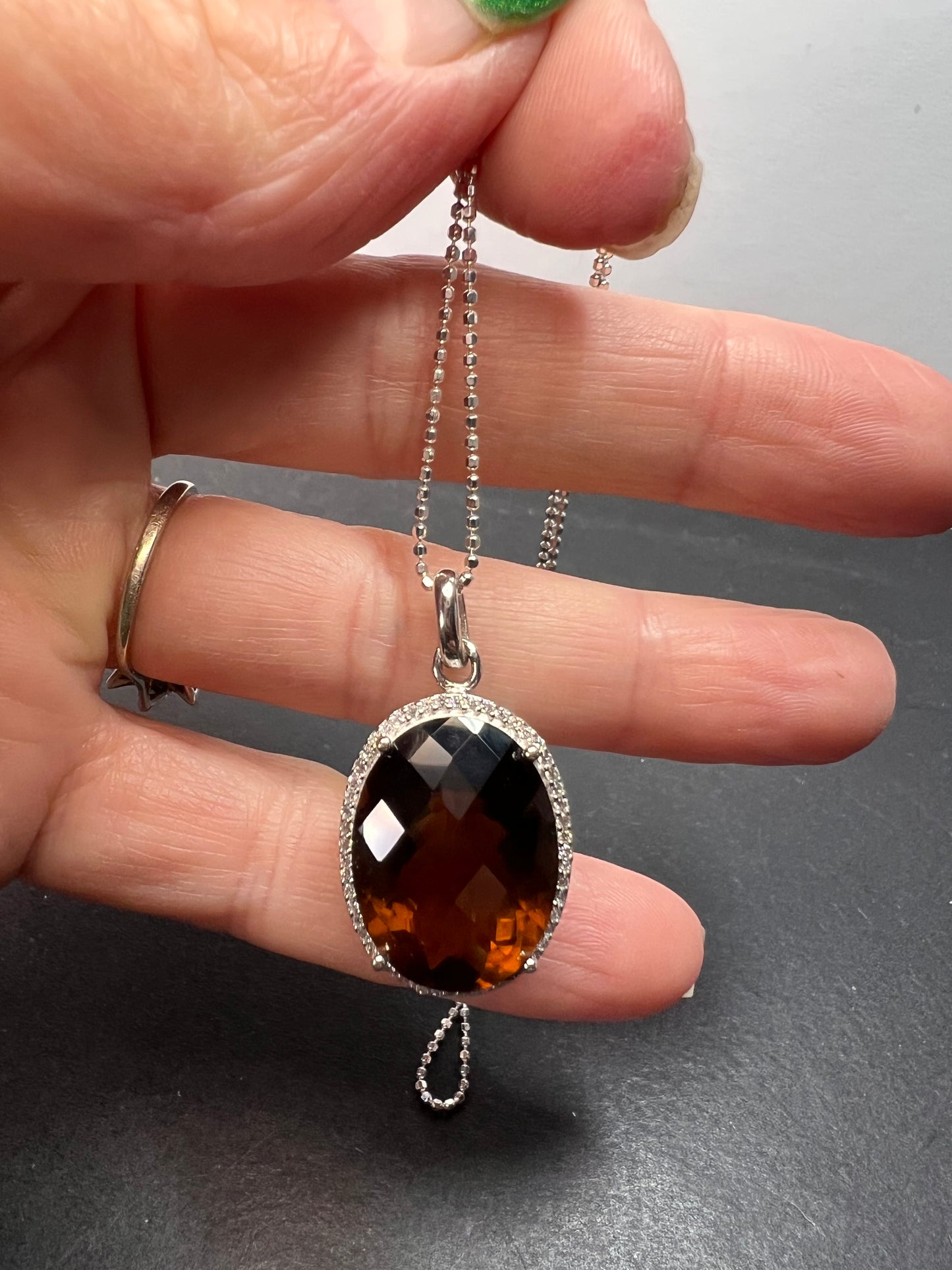 Cognac Quartz sterling silver halo pendant and chain