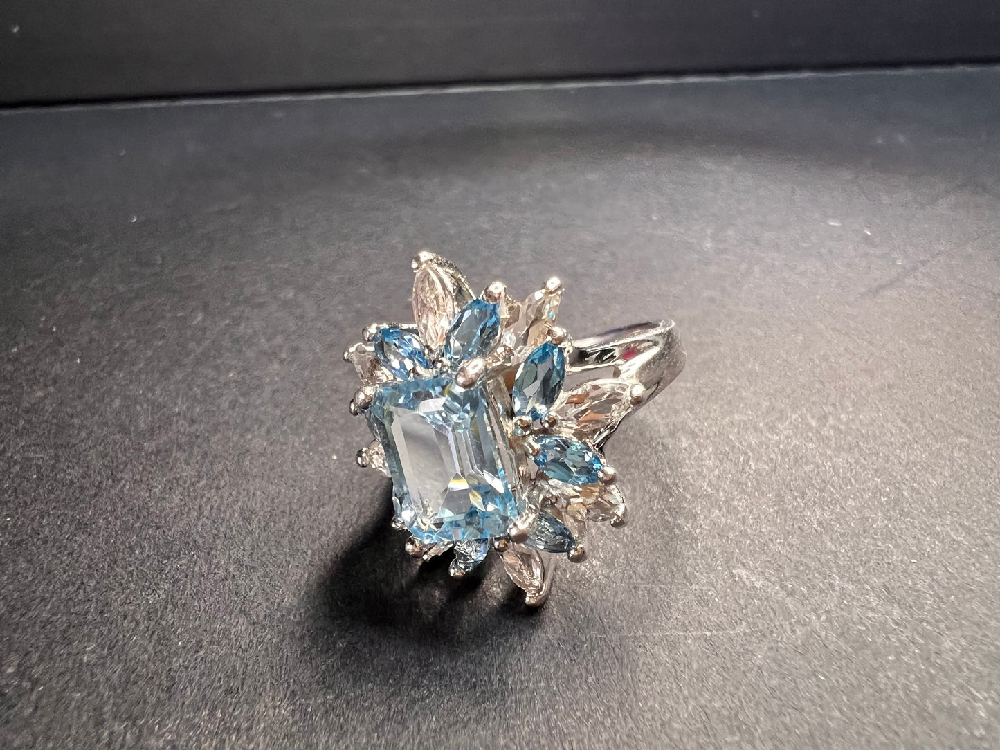 Vintage Sky blue and white topaz sterling silver ring size 8