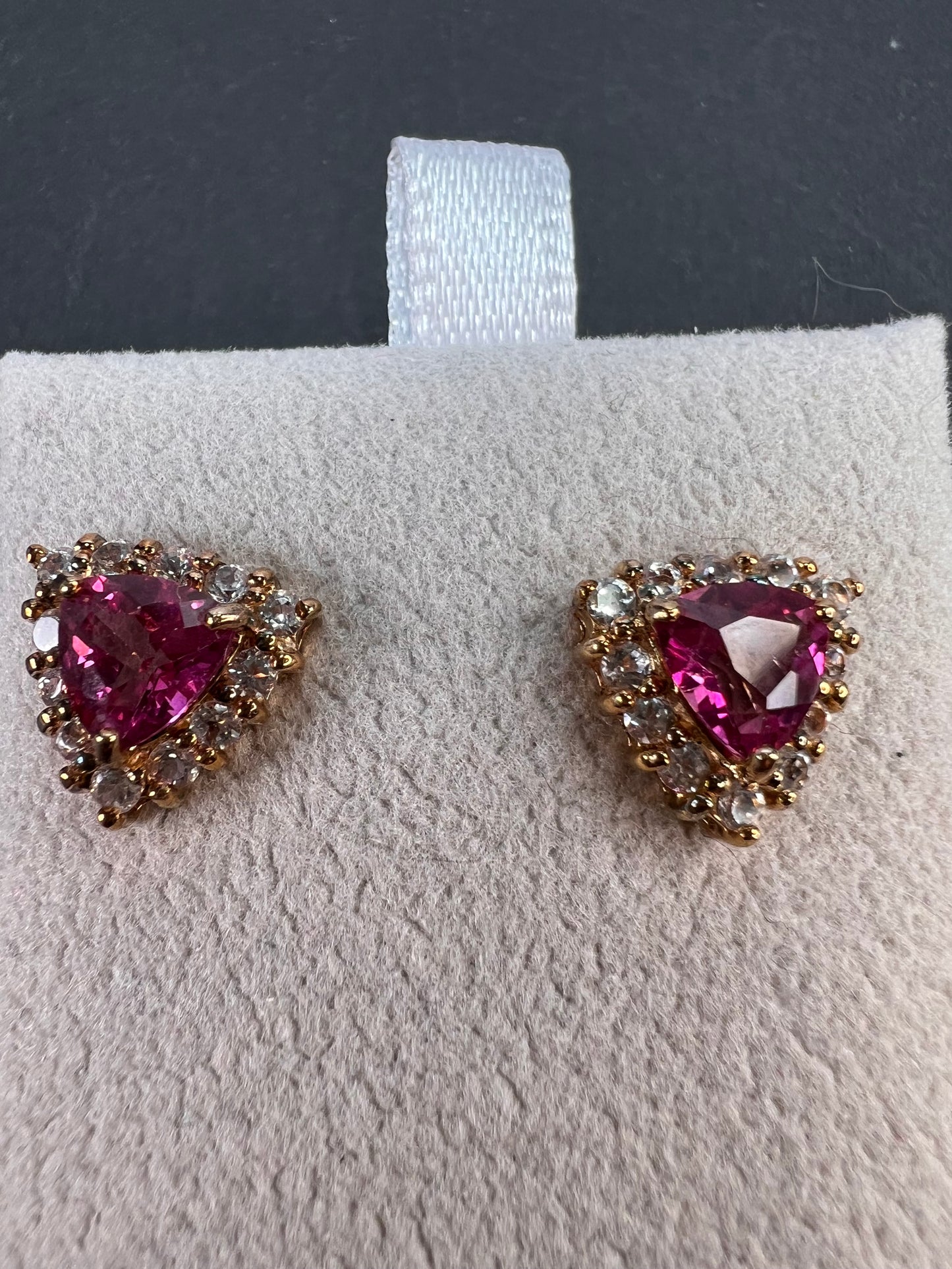 Pink topaz and zircon halo stud earrings in 18k rose gold over sterling silver