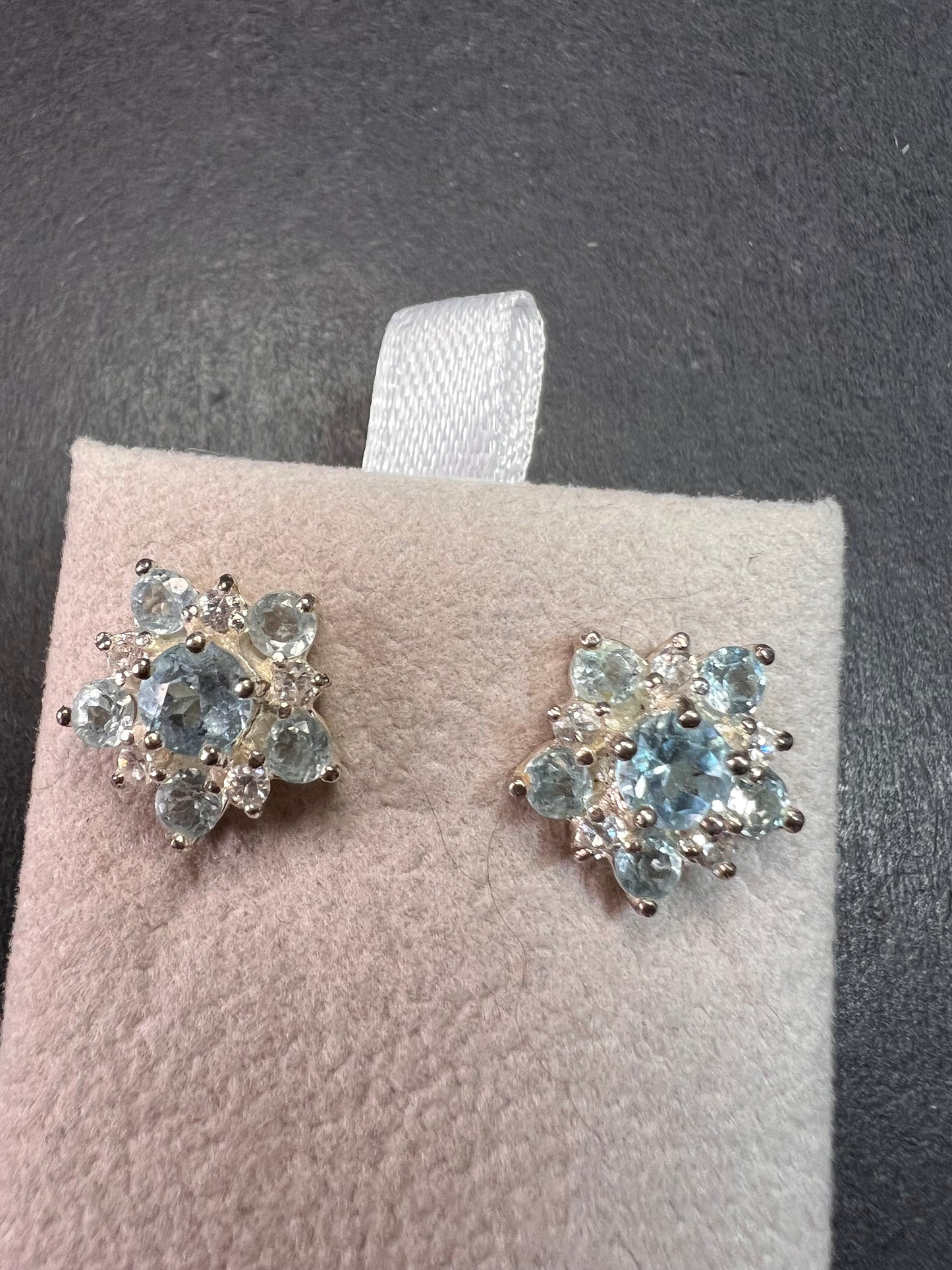 Vintage blue topaz and cz sterling silver snowflake stud earrings