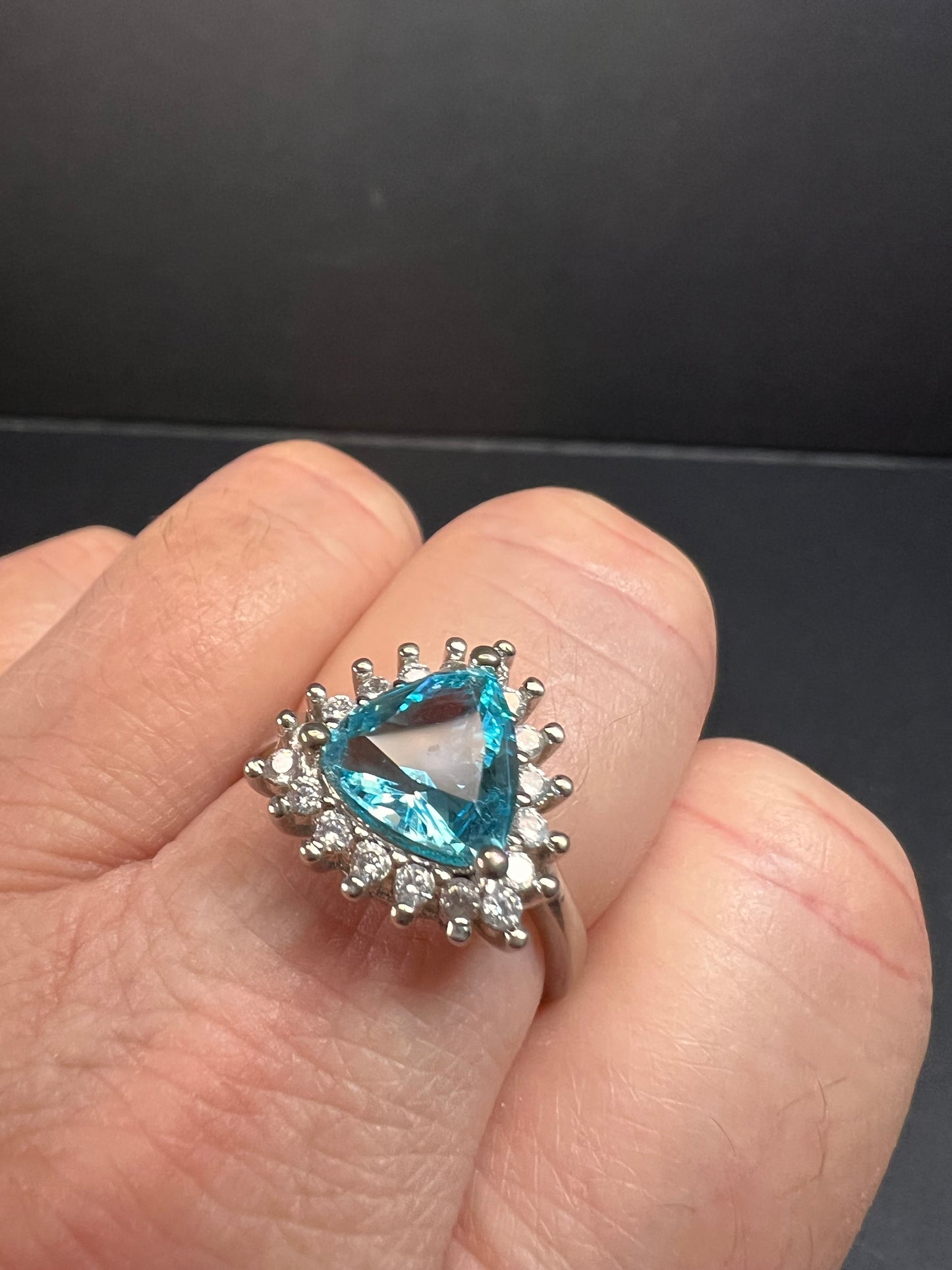 Sky blue trillium CZ halo sterling silver ring size 9