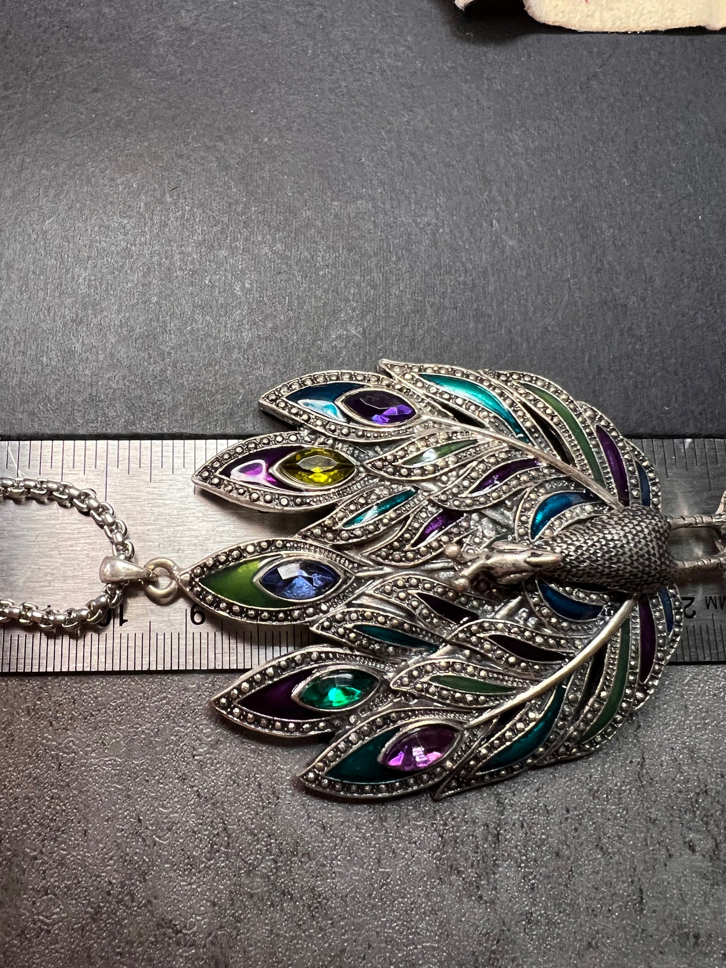 Vintage enameled and jeweled peacock pendant costume jewelry necklace