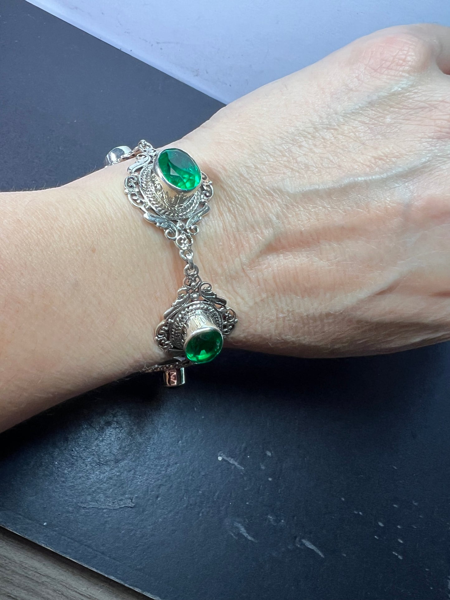 The Green Queen vintage Sterling silver toggle bracelet with green quartz