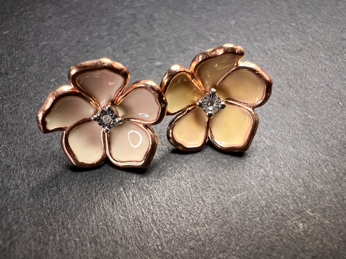 Diamond accent floral enamel earrings in rose gold over sterling silver