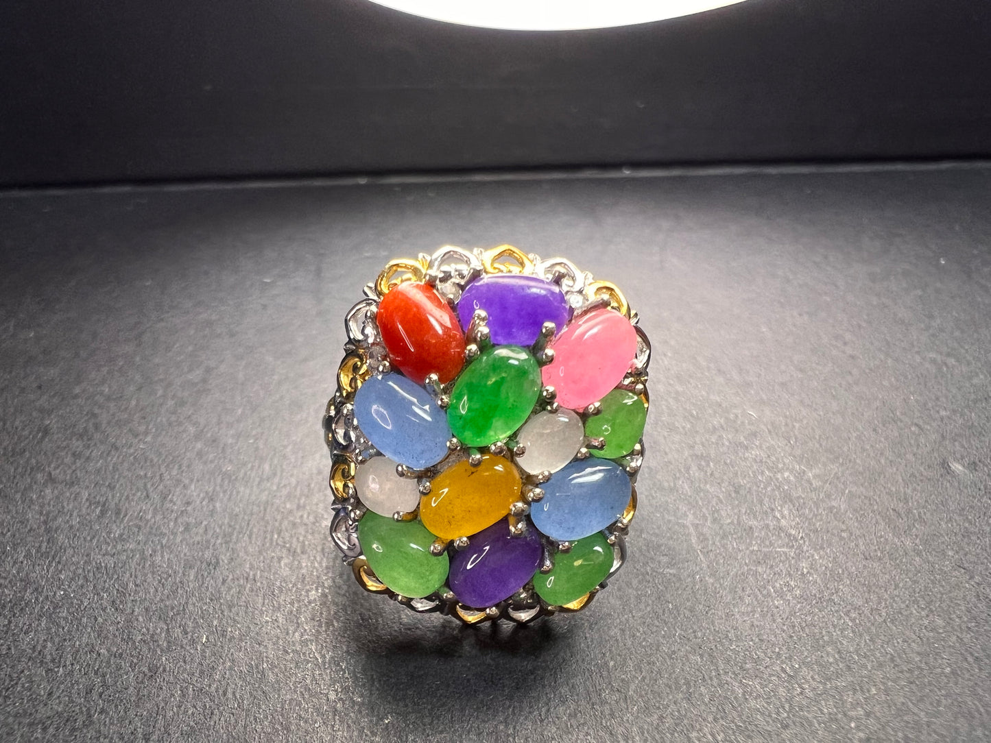 NEW rainbow harmony jade ring in vermeil and rhodium over sterling silver size 5