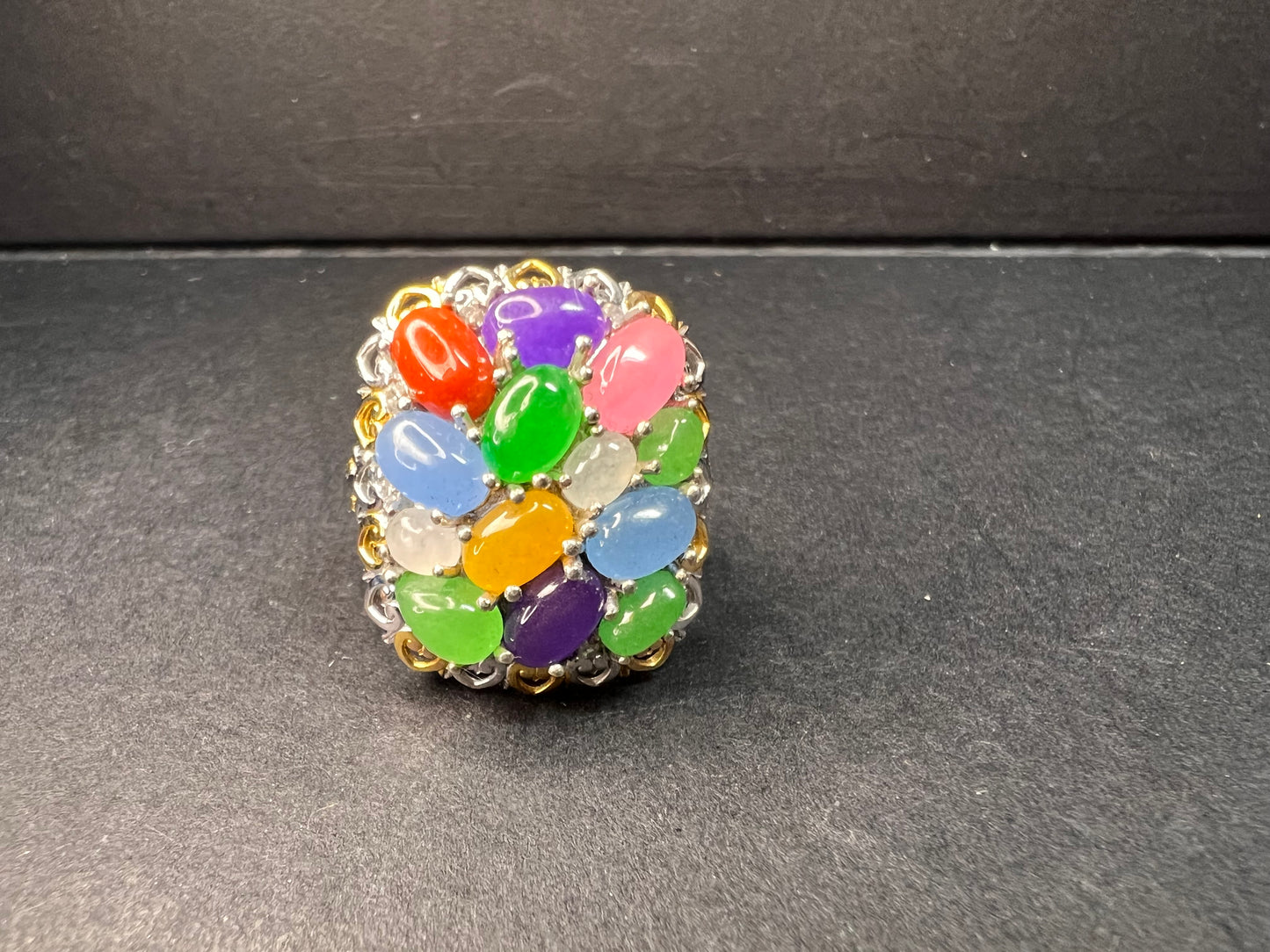 NEW rainbow harmony jade ring in vermeil and rhodium over sterling silver size 5