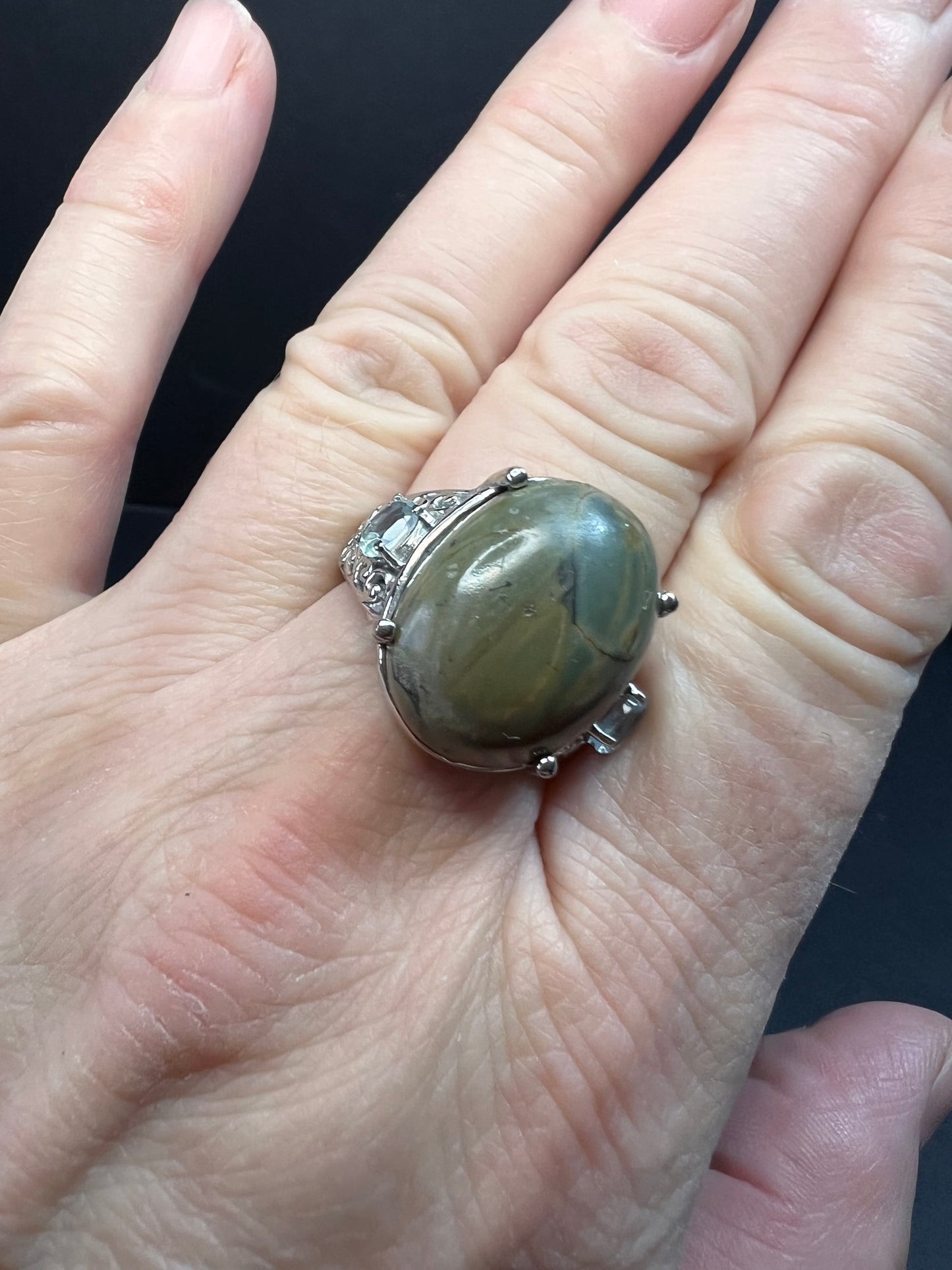 NEW Venus jasper and blue topaz stainless steel ring size 9