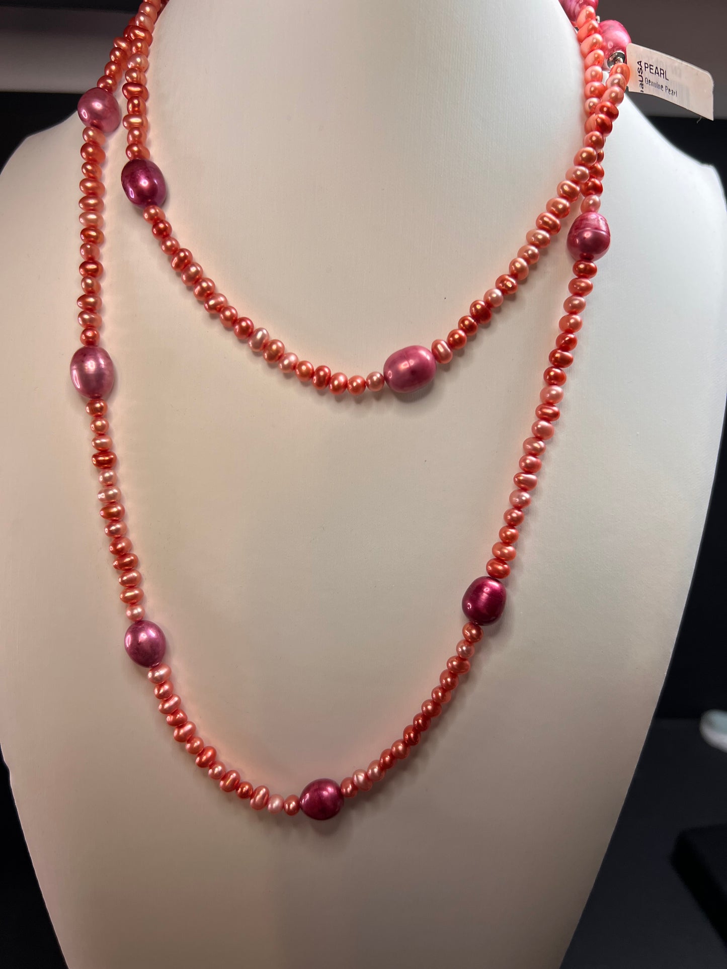 NEW coral and magenta colored freshwater pearl 36 inch station necklace with sterling silver clasp