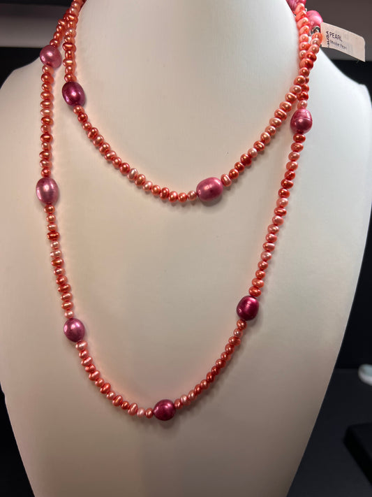 NEW coral and magenta colored freshwater pearl 36 inch station necklace with sterling silver clasp