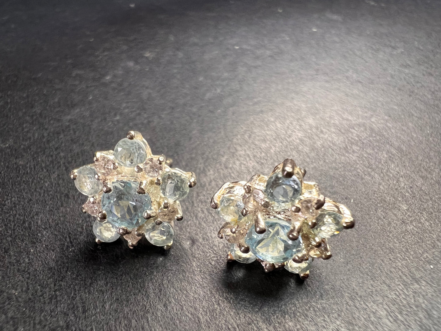 Vintage blue topaz and cz sterling silver snowflake stud earrings