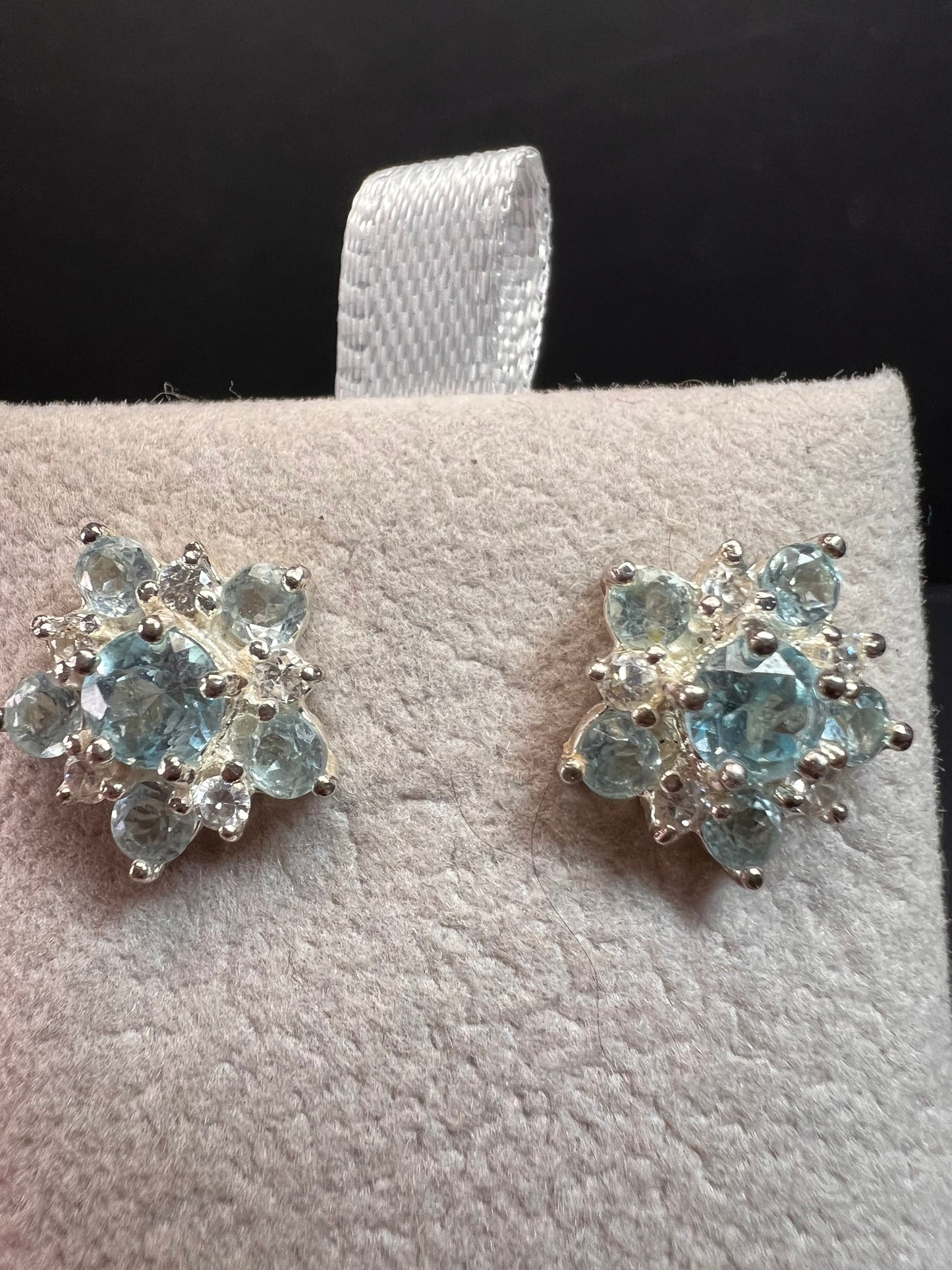 Vintage blue topaz and cz sterling silver snowflake stud earrings