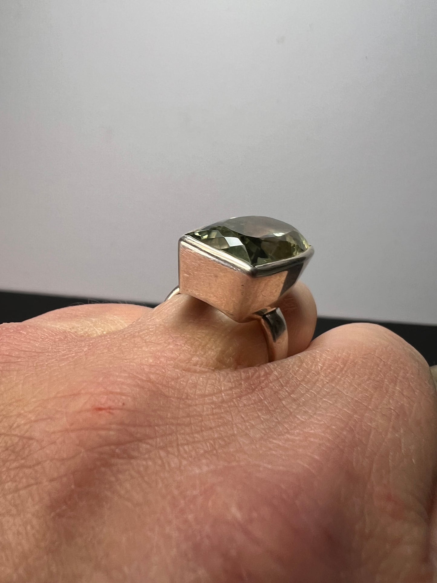 NEW cushion cut Prasiolite sterling silver ring size 7 10.83 grams