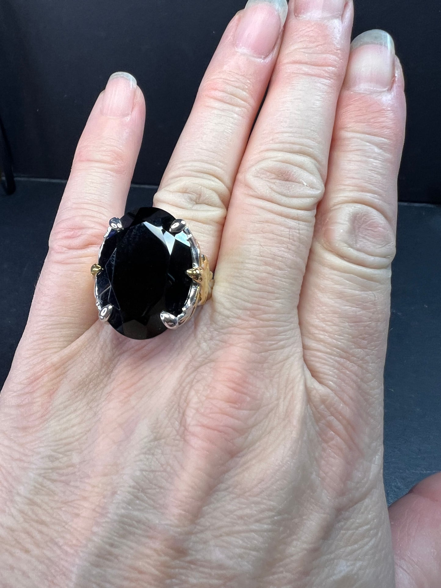 NEW Black spinel Phoenix ring in rhodium and gold vermeil over sterling silver size 7