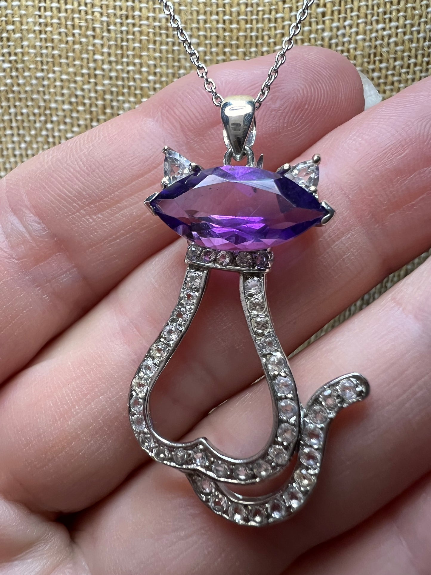 Purple Amethyst white topaz Rhodium Over Silver Cat Pendant Chain