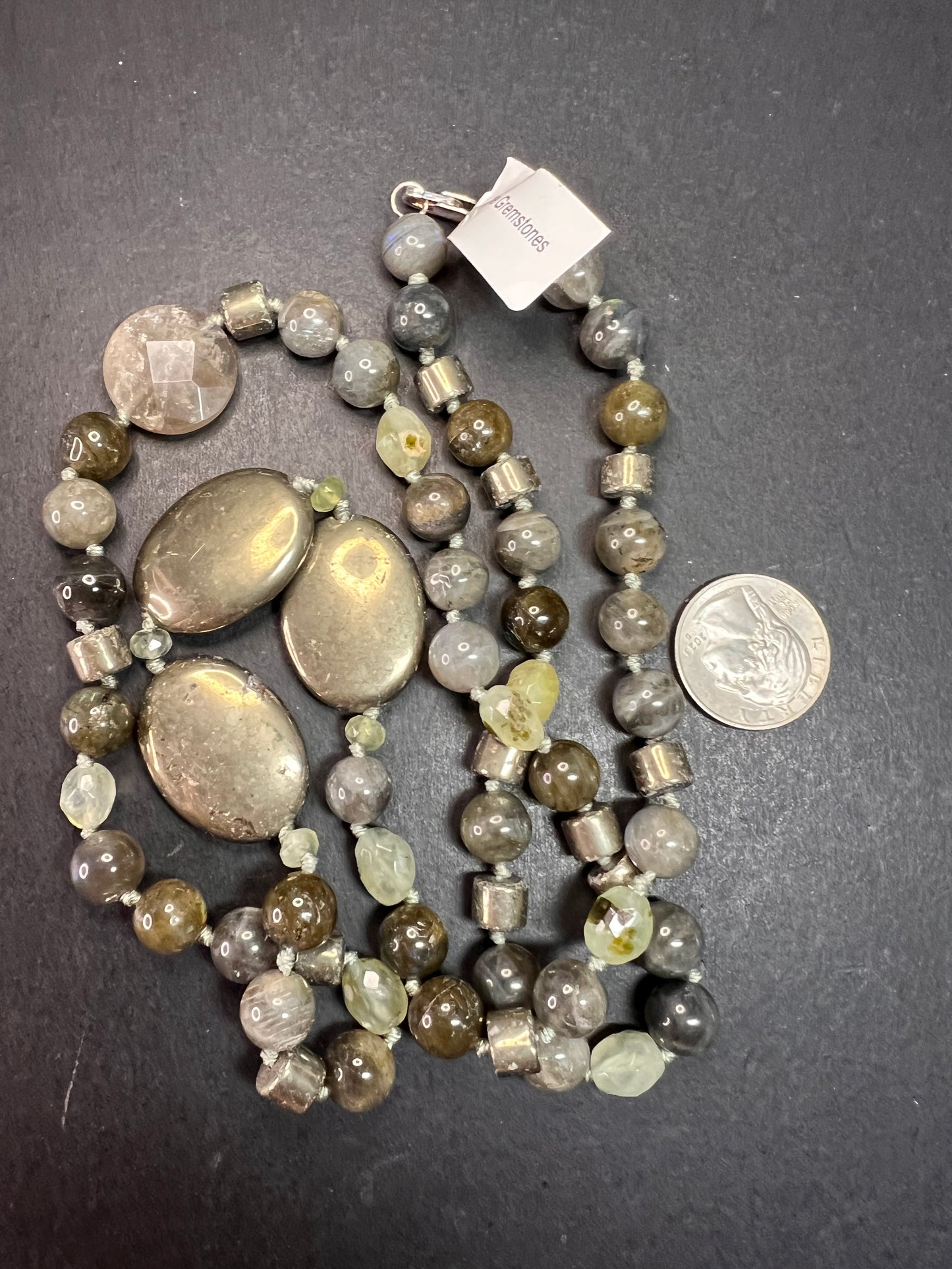 NEW pyrite and labradorite 32 inch necklace with sterling silver clasp