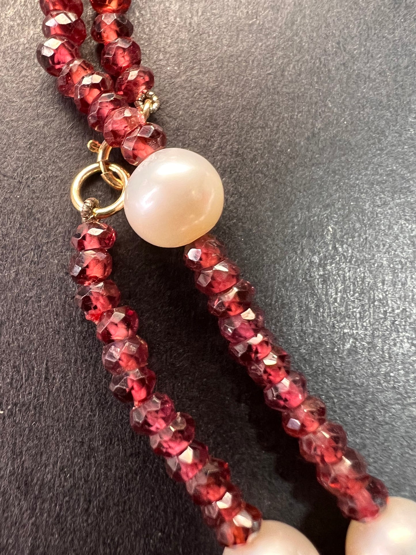 14k gold clasp garnet and pearl station necklace 18 inches